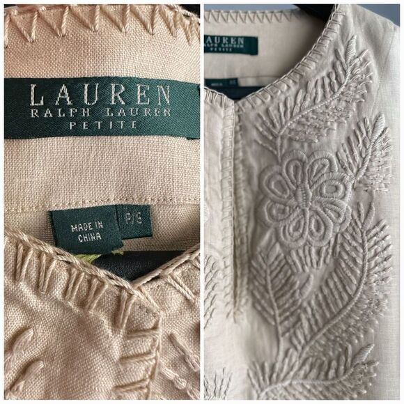 Lauren Ralph Lauren Petite Embroidered Small 100% Linen Blouse Beige - Picture 2 of 6